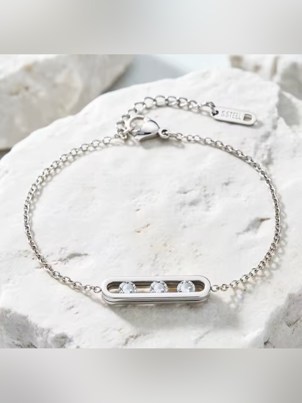 18K White Gold Geometrical Link Paperclip  Moving Diamond Bracelet No Tarnish